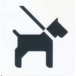 Hund i snor - 57x57 mm selvkl�bende plast - - leveres i bdt a 10 stk