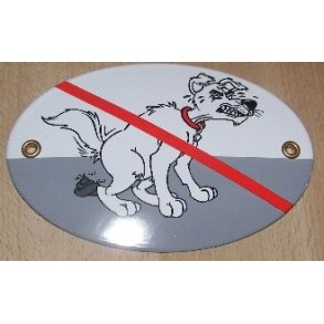 Ingen hunde hm hm- ovalt emaljeskilt hvidt  15x10 cm